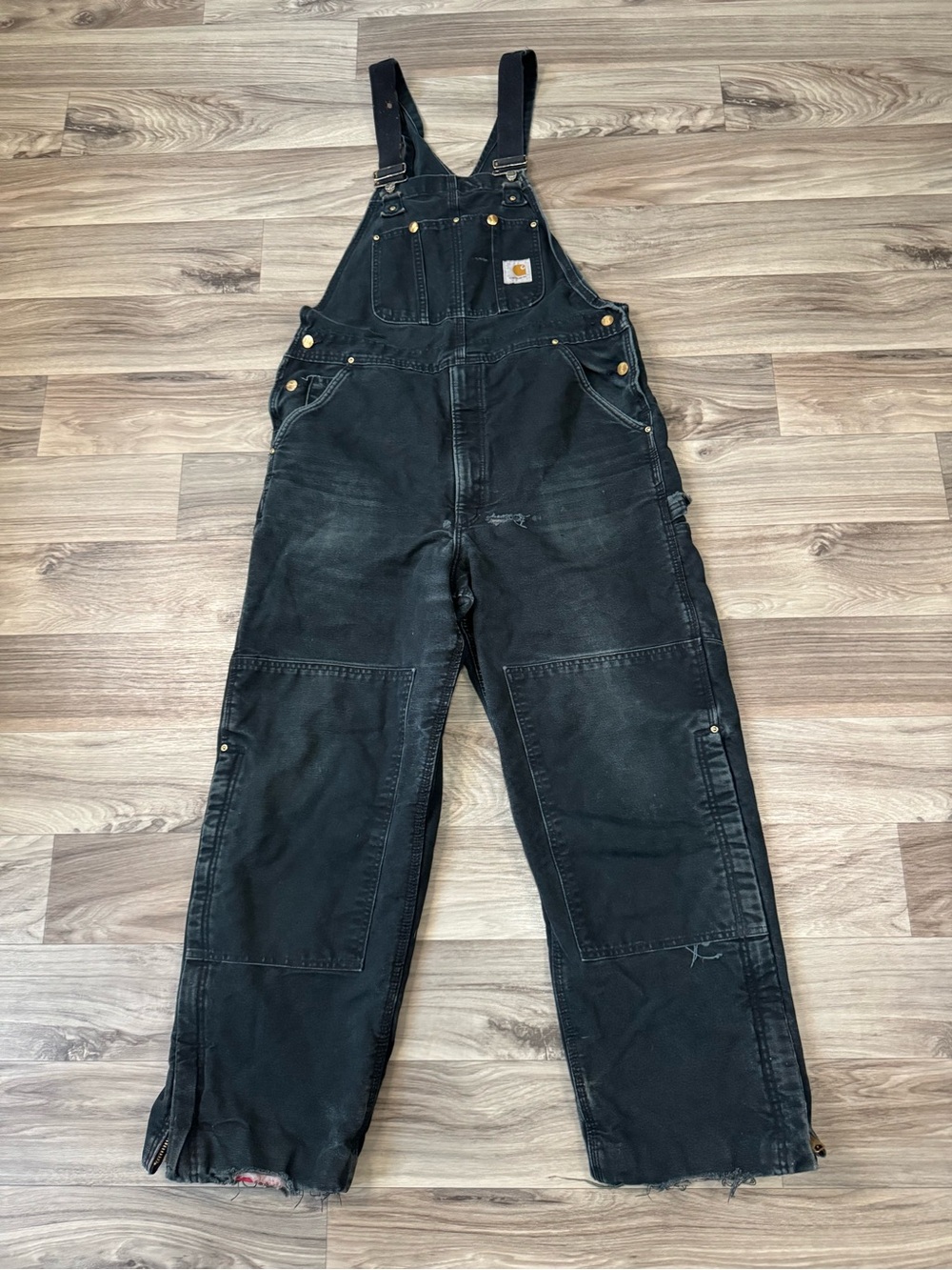 Vintage Carhartt R02 Black Insulated Double Knee Bib Overalls Red Quilt 38x32
